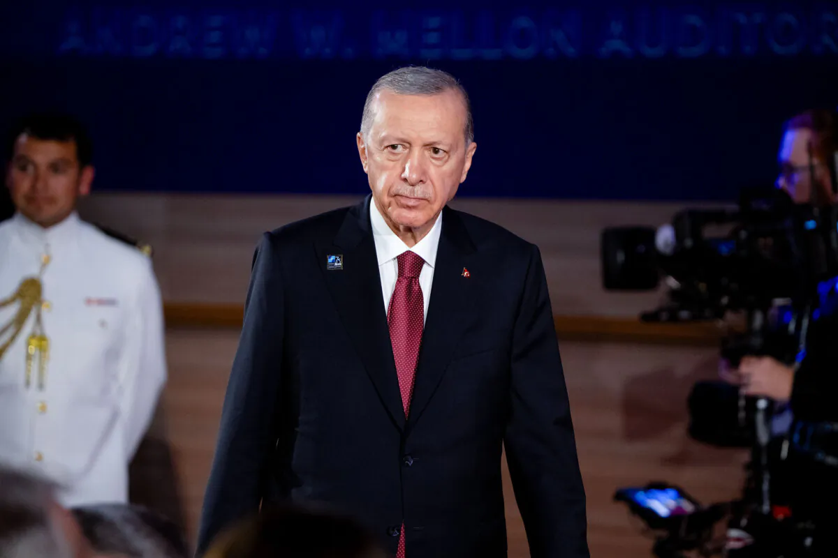 Turkish President Recep Tayyip Erdogan arrives at a NATO 75th anniversary celebratory event at the Andrew Mellon Auditorium in Washington on July 9, 2024. (Andrew Harnik/Getty Images)