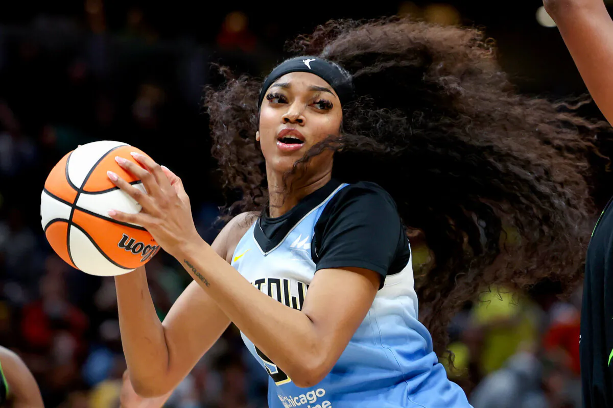 Angel Reese #5 of the Chicago Sky looks to pass against the Seattle Storm at Climate Pledge Arena in Seattle, Wash., on July 5, 2024. (Steph Chambers/Getty Images)