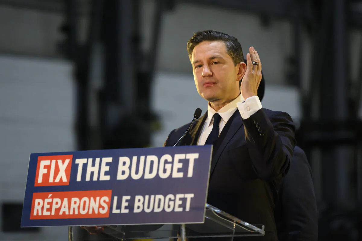 Conservative Party Leader Pierre Poilievre gives remarks during a press conference in Mississauga, Ont., on April 7, 2024. (The Canadian Press/Christopher Katsarov)
