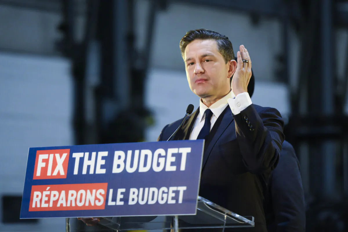 Conservative Leader Pierre Poilievre gives remarks during a press conference in Mississauga, Ont., on April 7, 2024. (The Canadian Press/Christopher Katsarov)