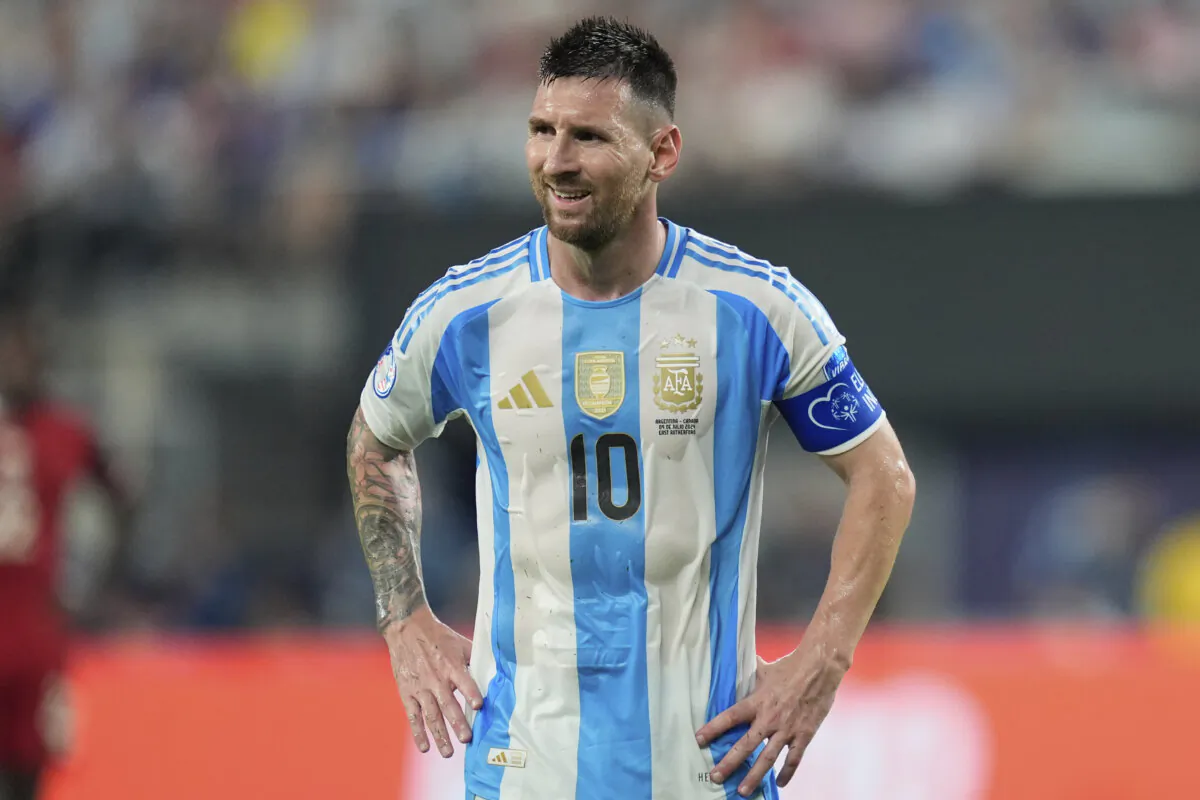 Argentina's Lionel Messi gestures during a Copa America semifinal soccer match against Canada in East Rutherford, N.J., on July 9, 2024. (Julia Nikhinson/AP Photo)