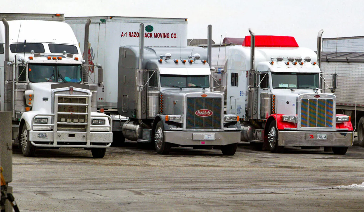 Tractor-trailers idle at a truck stop on Jan. 13, 2004, in Hampshire, Illinois. (Tim Boyle/Getty Images)