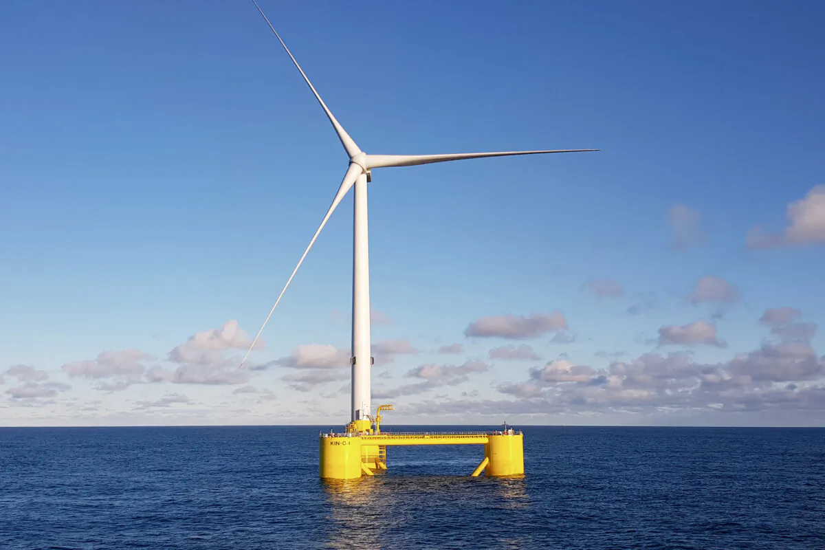 A 9.5 megawatt floating wind turbine deployed at Kincardine Offshore Wind project off coast of Aberdeen, Scotland. (Courtesy of Principle Power)