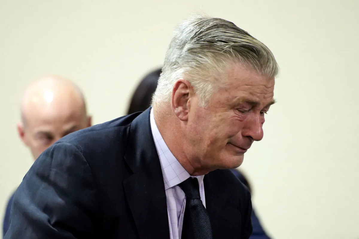 Actor Alec Baldwin reacts during his trial for involuntary manslaughter for the 2021 fatal shooting of cinematographer Halyna Hutchins during filming of the Western movie "Rust" at Santa Fe County District Court in Santa Fe, N.M., on July 12, 2024. (Ramsay de Give/Pool Photo via AP)