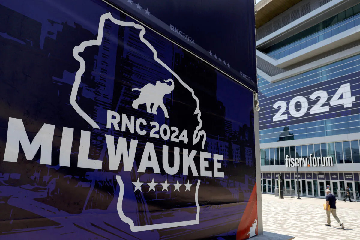A man walks outside the Fiserv Forum ahead of the 2024 Republican National Convention in Milwaukee, Wis., on July 12, 2024. (Kamil Krzaczynski/AFP via Getty Images)