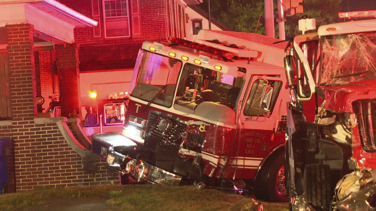 Firefighting vehicles are seen after a collision in Spring Garden Township, Pa., while responding to a warehouse fire in York, Pa., on July 12, 2024.  (Carmine Scicchitano/ABC27)