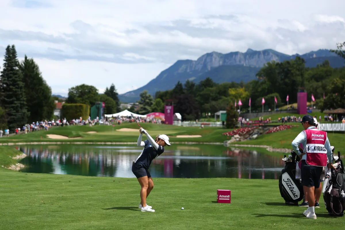 Stephanie Kyriacou of Australia tees off on the fifth hole during the third round of the Amundi Evian Championship at Evian Resort Golf Club in Evian-les-Bains, France on July 13, 2024. (Matthew Lewis/Getty Images)
