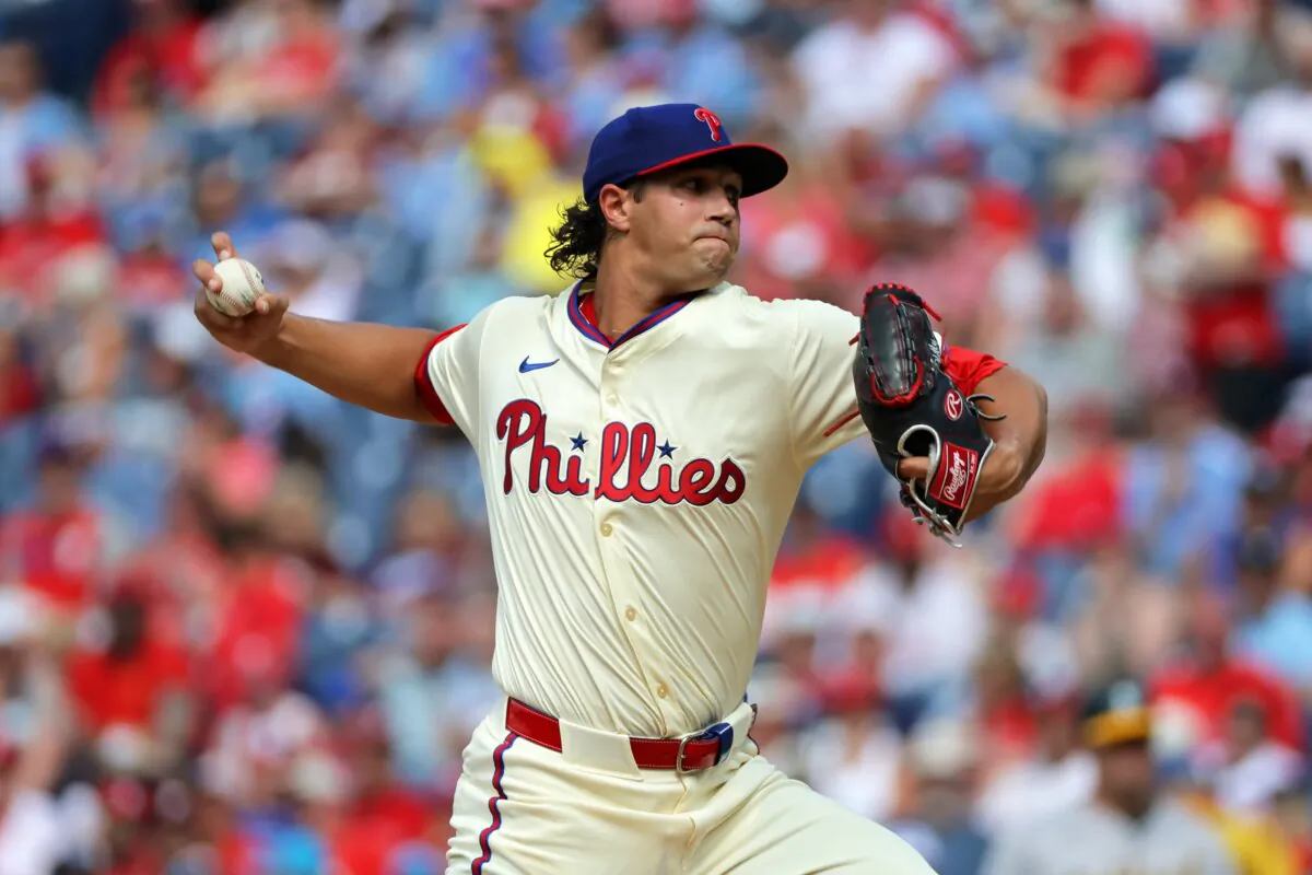 Starting pitcher Tyler Phillips (48) of the Philadelphia Phillies delivers a pitch in the first inning during a game against the Oakland Athletics in Philadelphia on July 13, 2024. (Hunter Martin/Getty Images)