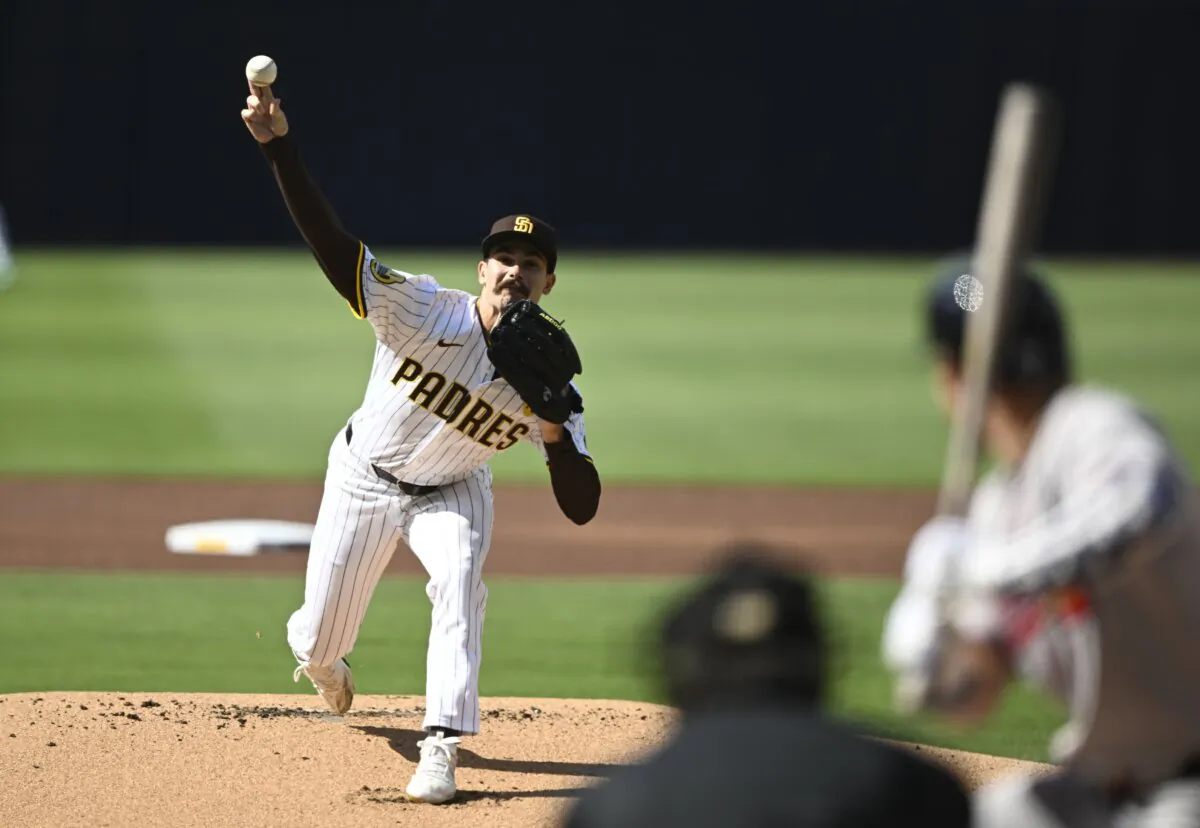 Dylan Cease (84) of the San Diego Padres pitches during the first inning of a baseball game against the Atlanta Braves in San Diego on July 13, 2024. (Denis Poroy/Getty Images)
