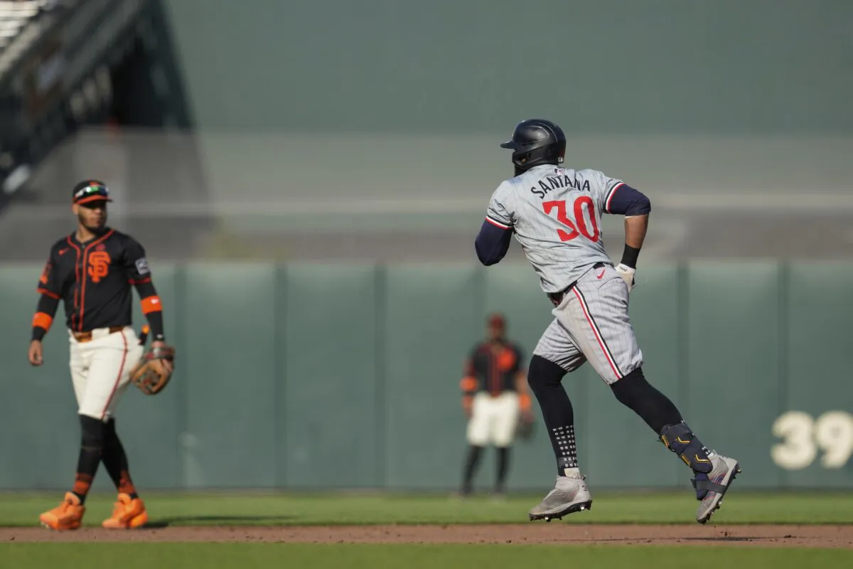 Minnesota Twins' Carlos Santana (30) runs the bases after hitting a solo home run against the San Francisco Giants during the sixth inning of a baseball game in San Francisco on July 13, 2024. (Godofredo A. Vásquez/AP Photo)
