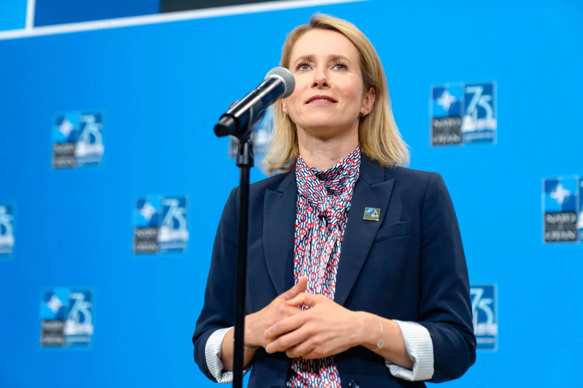 Estonia's Prime Minister Kaja Kallas speaks during her arrival at the NATO summit in Washington on July 11, 2024. (Mark Schiefelbein/AP Photo)