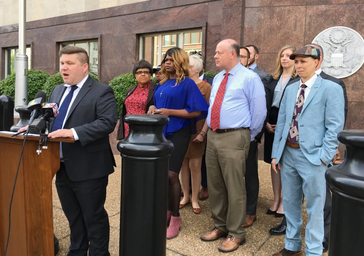 Attorney Omar Gonzalez-Pagan announces a lawsuit challenging a Tennessee statute that prohibits people from changing the gender listed on their birth certificates, in Nashville on April 23, 2019. (Travis Loller/AP Photo)