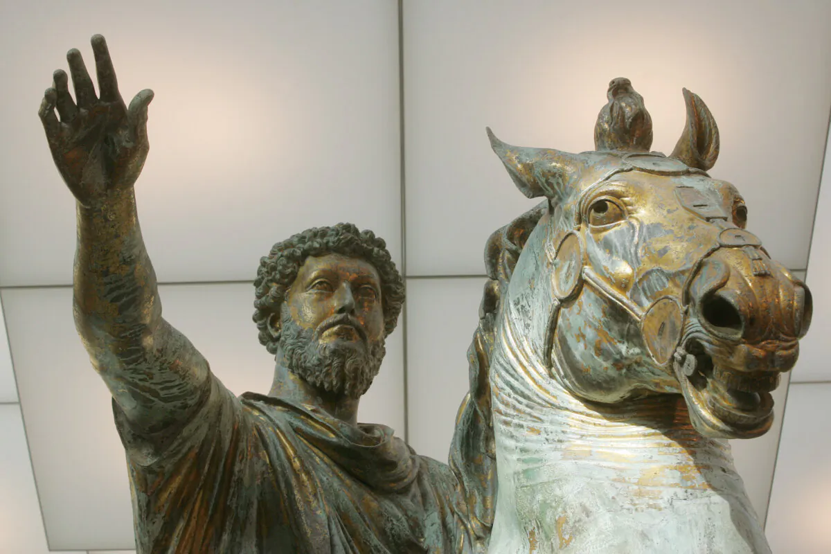 A bronze equestrian statue of Marcus Aurelius is shown during the inauguration of new wing of the Musei Capitolini in Rome on Dec. 22, 2005. (Giulio Napolitano/AFP via Getty Images)
