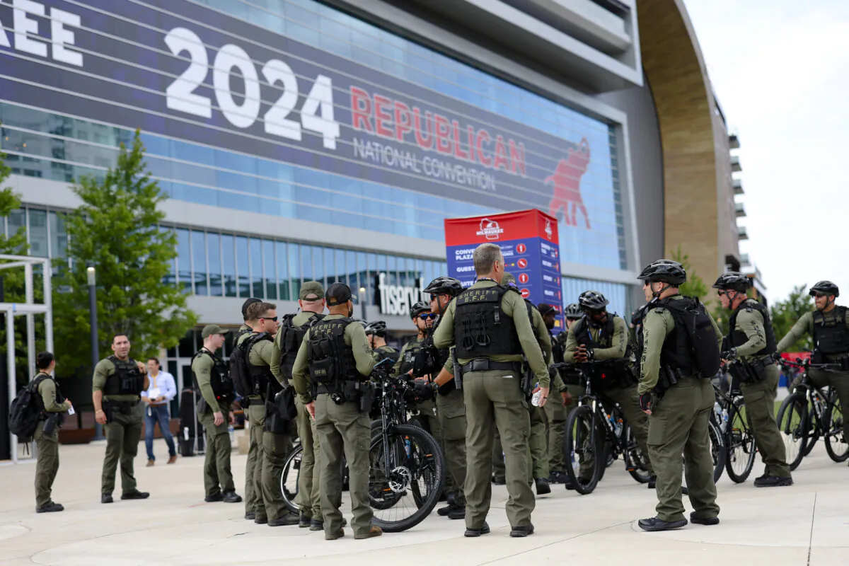 Law Enforcement Officers from Palm Beach hang out in the Fiserv Forum Plaza ahead of the 2024 Republican National Convention (RNC) in Milwaukee, Wis., on July 14, 2024. (Michael M. Santiago/Getty Images)