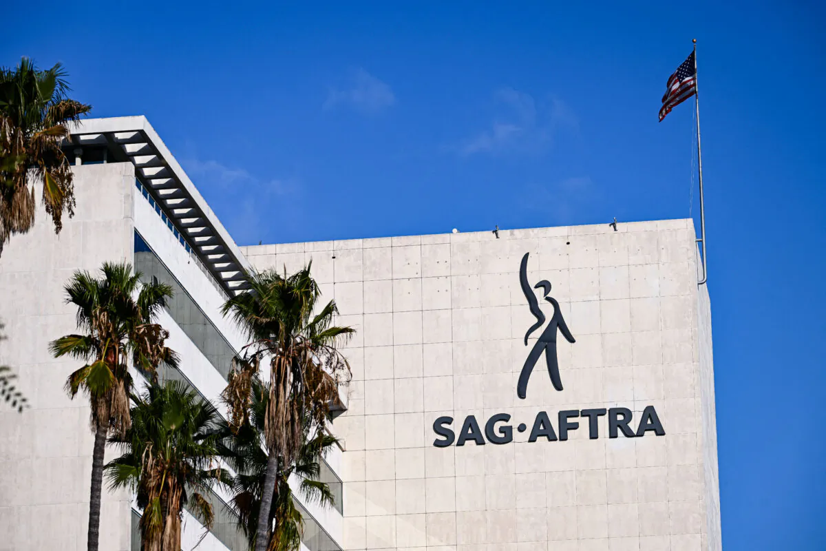 The SAG-AFTRA logo is displayed outside of the national headquarters on Wilshire Boulevard during the actors strike, in Los Angeles on Oct. 24, 2023. (Patrick T. Fallon/AFP via Getty Images)