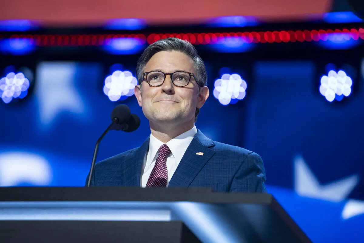 House Speaker Mike Johnson (R-La.) speaks at the Republican National Convention (RNC) in Milwaukee, Wis., on July 15, 2024. (Madalina Vasiliu/The Epoch Times)