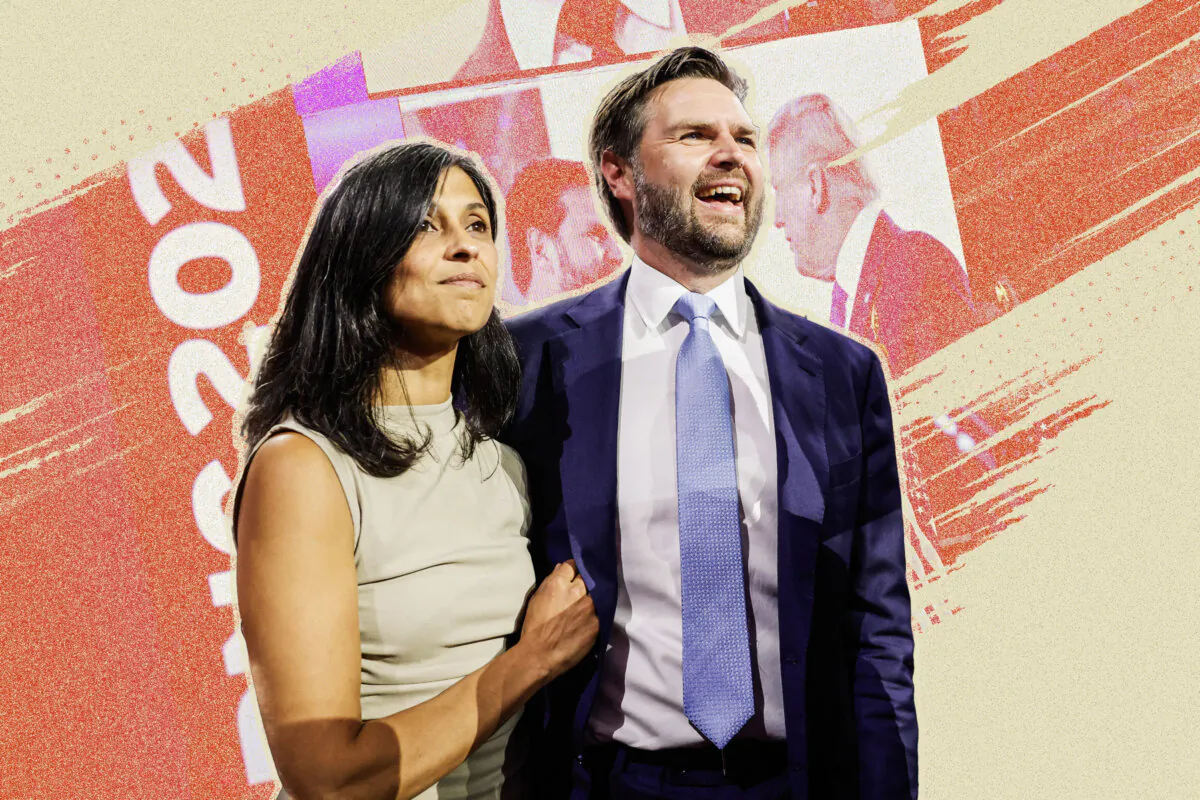 Sen. J.D. Vance (R-Ohio) and his wife Usha Chilukuri Vance. (Illustration by The Epoch Times, Shutterstock, Getty Images)