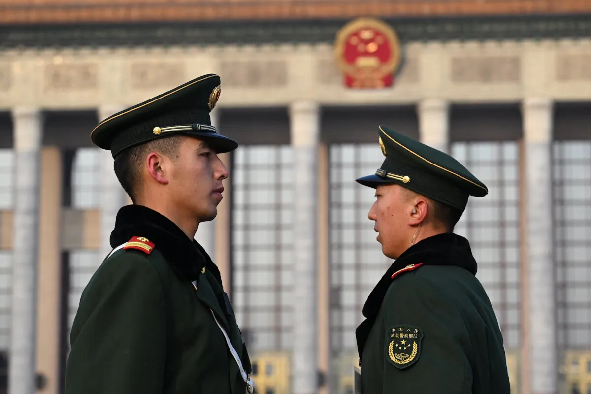 Paramilitary police stand guard ahead of the second plenary session of the Chinese People's Political Consultative Conference (CPPCC) at the Great Hall of the People in Beijing on March 7, 2024. (Jade Gao /AFP via Getty Images)