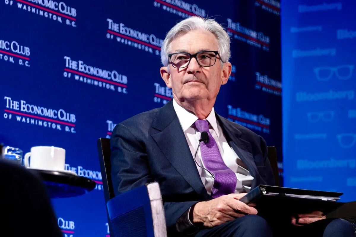 Federal Reserve Chairman Jerome Powell speaks during an interview with David Rubenstein in Washington on Feb. 7, 2023. (Julia Nikhinson/Getty Images)