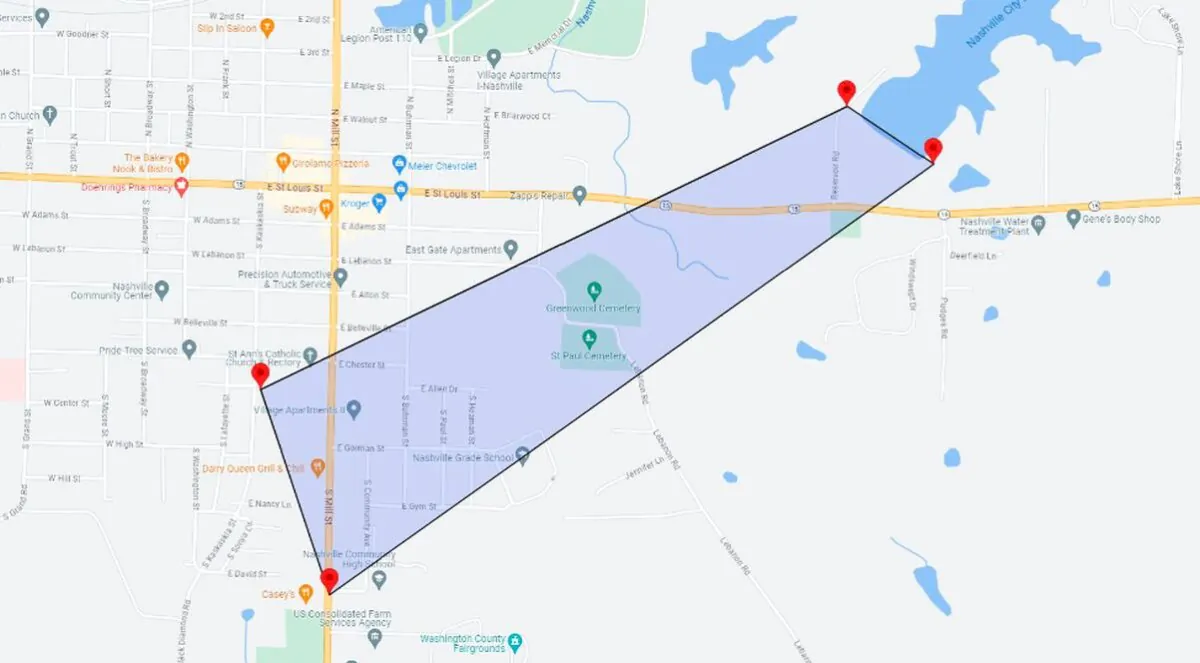 A map posted by the Washington County Emergency Management Agency shows the evacuation area amid an imminent dam failure in Nashville, Ill., on July 16, 2024. (Washington County Emergency Management Agency)