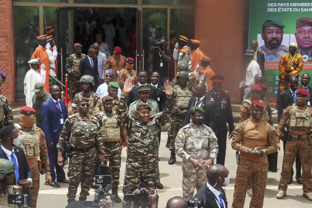 The head of head of Niger's military government General Abdourahamane Tiani (C), Malian Colonel Assimi Goita (3rd R) and Burkina Faso's Captain Ibrahim Traore (2nd R) arrive in Niamey on July 6, 2024. The military leaders ruling Burkina Faso, Mali and Niger entered a new "confederation" on July 6, 2024. (AFP)
