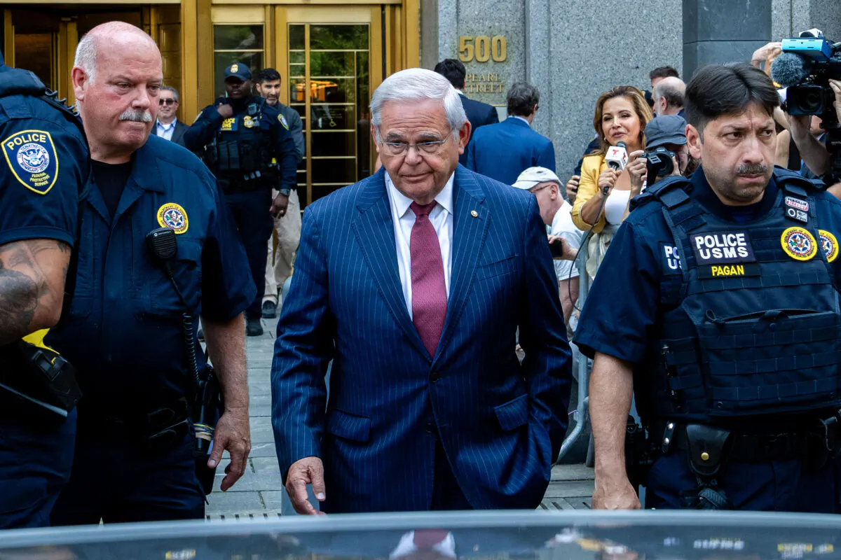 Sen. Bob Menendez (D-N.J.) exits Manhattan federal court in New York City after being found guilty of all counts in a corruption trial on July 16, 2024. (Adam Gray/Getty Images)