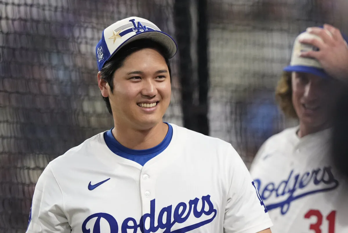 National League's Shohei Ohtani, of the Los Angeles Dodgers, smiles during the MLB baseball All-Star Home Run Derby in Arlington, Texas., on July 15, 2024. (LM Otero/AP Photo)
