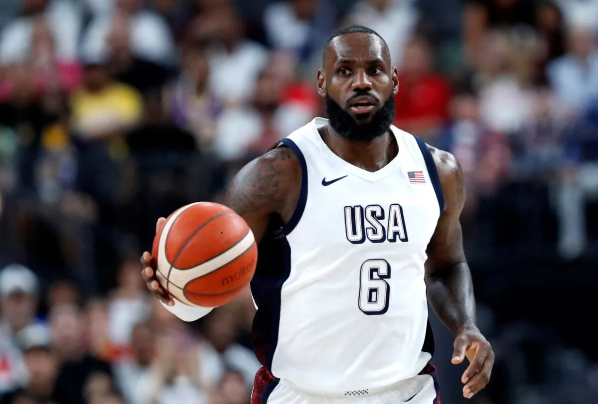 United States forward LeBron James brings the ball up during an exhibition game against Canada in Las Vegas on July 10, 2024. (Steve Marcus/AP Photo)