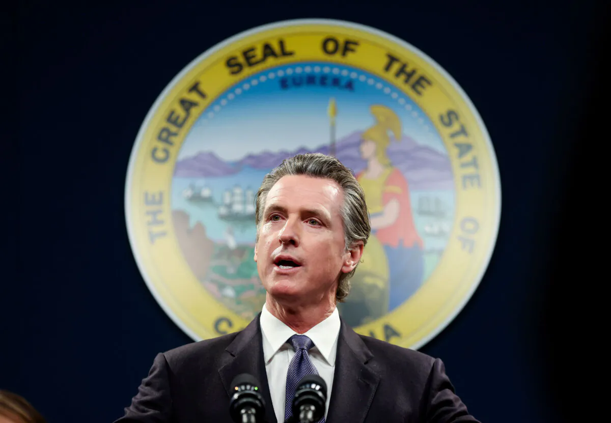 California Gov. Gavin Newsom speaks during a news conference in Sacramento, Calif., on Feb. 1, 2023.(Justin Sullivan/Getty Images)
