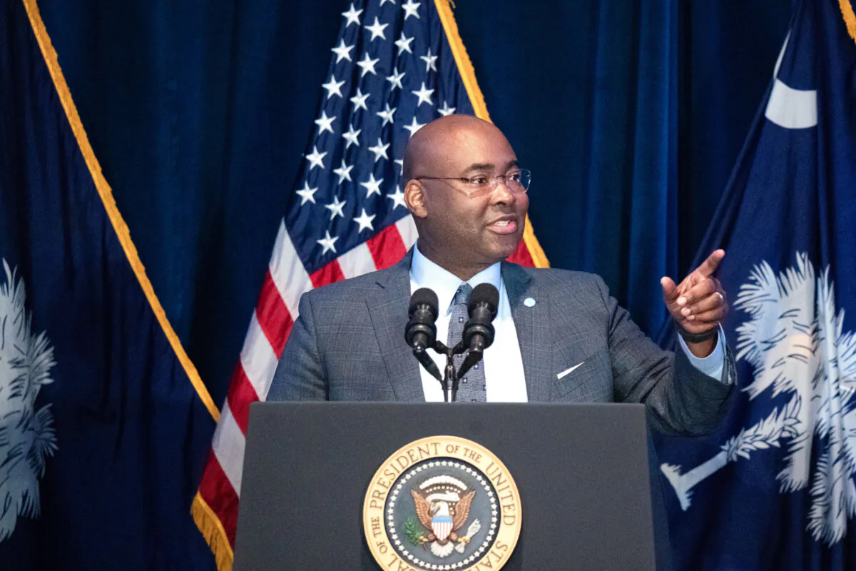 Democratic National Committee Chairman Jaime Harrison speaks at an event at the state fairgrounds in Columbia, S.C., on Jan. 27, 2024. (Sean Rayford/Getty Images)