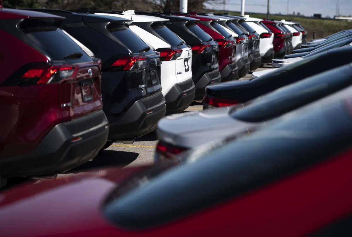 New Toyota RAV4 crossover SUVs for sale are seen at an auto mall in Ottawa on April 26, 2021. (The Canadian Press/Justin Tang)