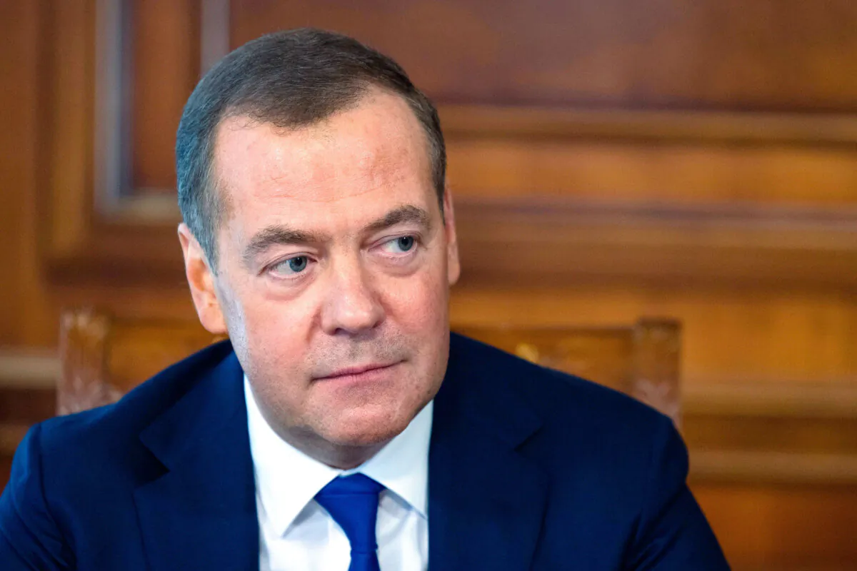 Dmitry Medvedev, former Russian president and current deputy chairman of the Russian Security Council, at the Gorki state residence outside Moscow on March 23, 2023. (Ekaterina Shtukina/Sputnik Pool Photo via AP)