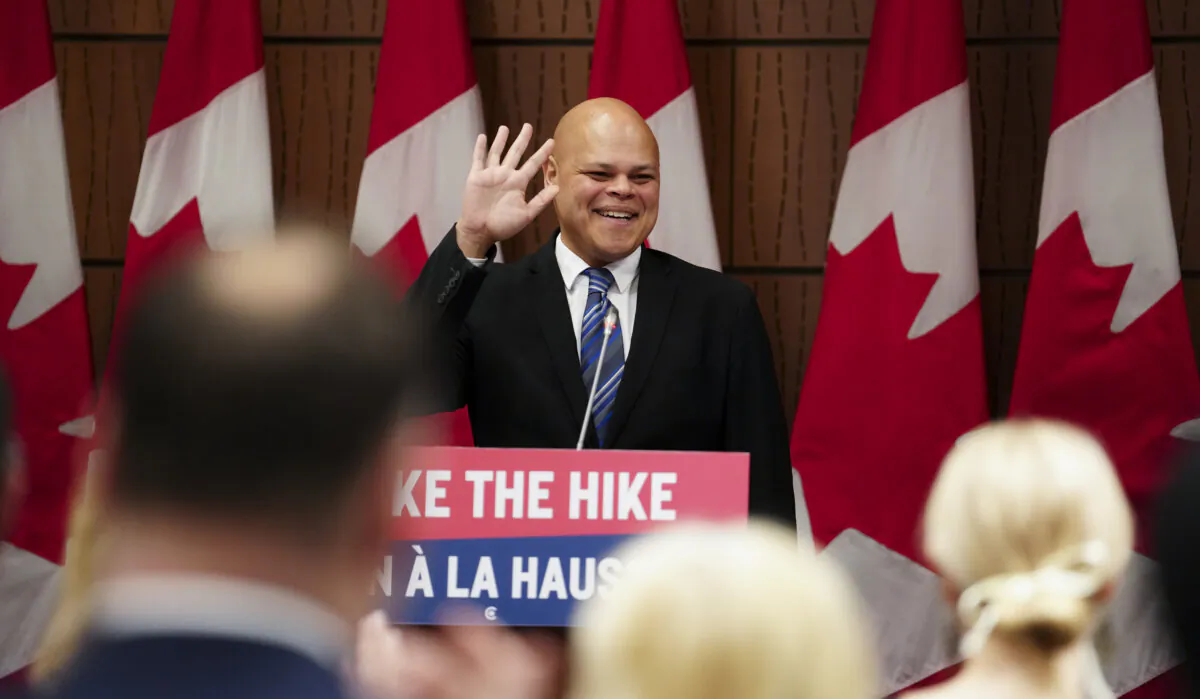 Conservative MP Jamil Jivani addresses caucus on Parliament Hill in Ottawa on March 20, 2024. (The Canadian Press/Sean Kilpatrick)