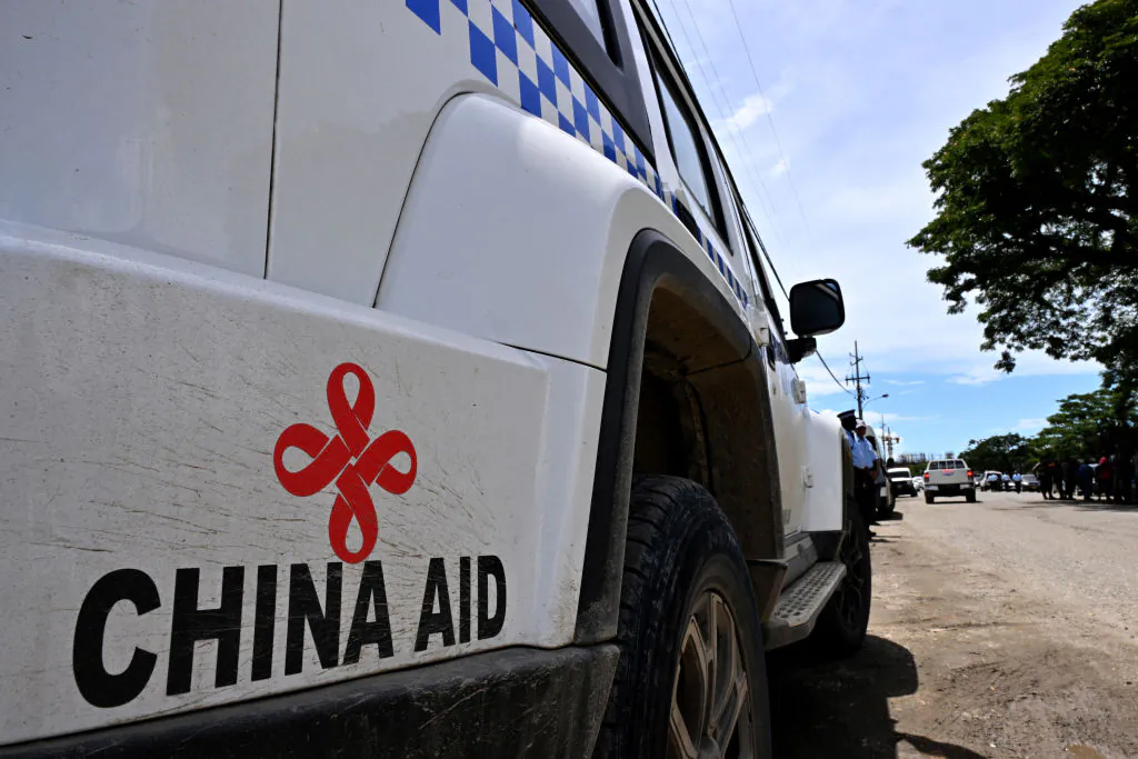 A police patrol car provided with aid from the Chinese Communist Party in Honiara, capital city of the Solomon Islands, on April 18, 2024. (Saeed Khan/AFP via Getty Images)