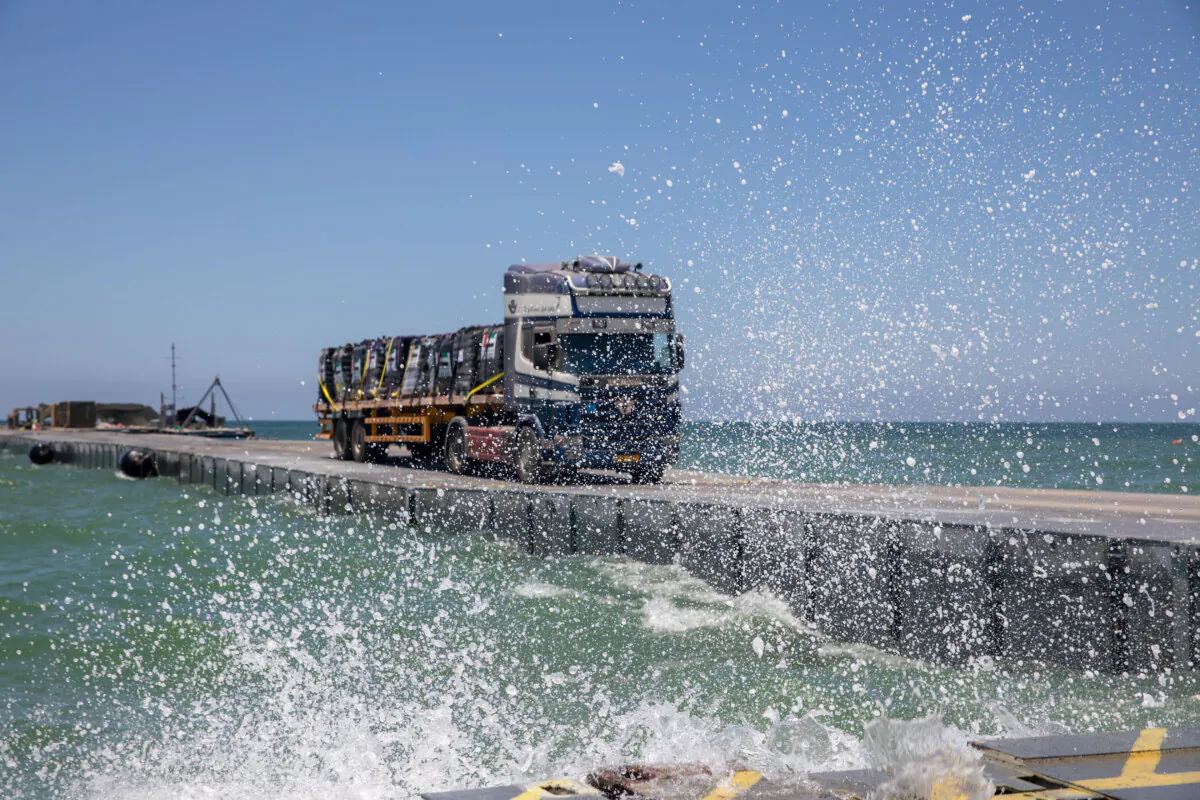 Humanitarian aid reaches Gaza via the temporary Trident Pier on June 11, 2024. (U.S. Army photo by Staff Sgt. Mikayla Fritz)