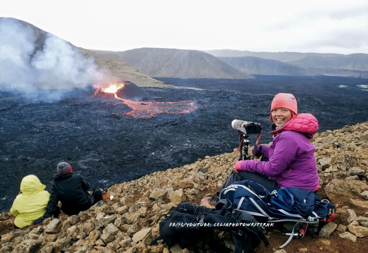 Celia Cheng photographing a volcanic eruption in Iceland, in 2022. (Credit to Celia Cheng)
