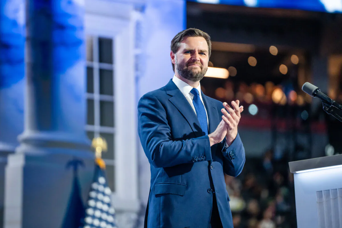 Vice Presidential nominee Sen. JD Vance (R-Ohio) speaks during the Republican National Convention (RNC) in Milwaukee, Wis., on July 17, 2024. (Madalina Vasiliu/The Epoch Times)