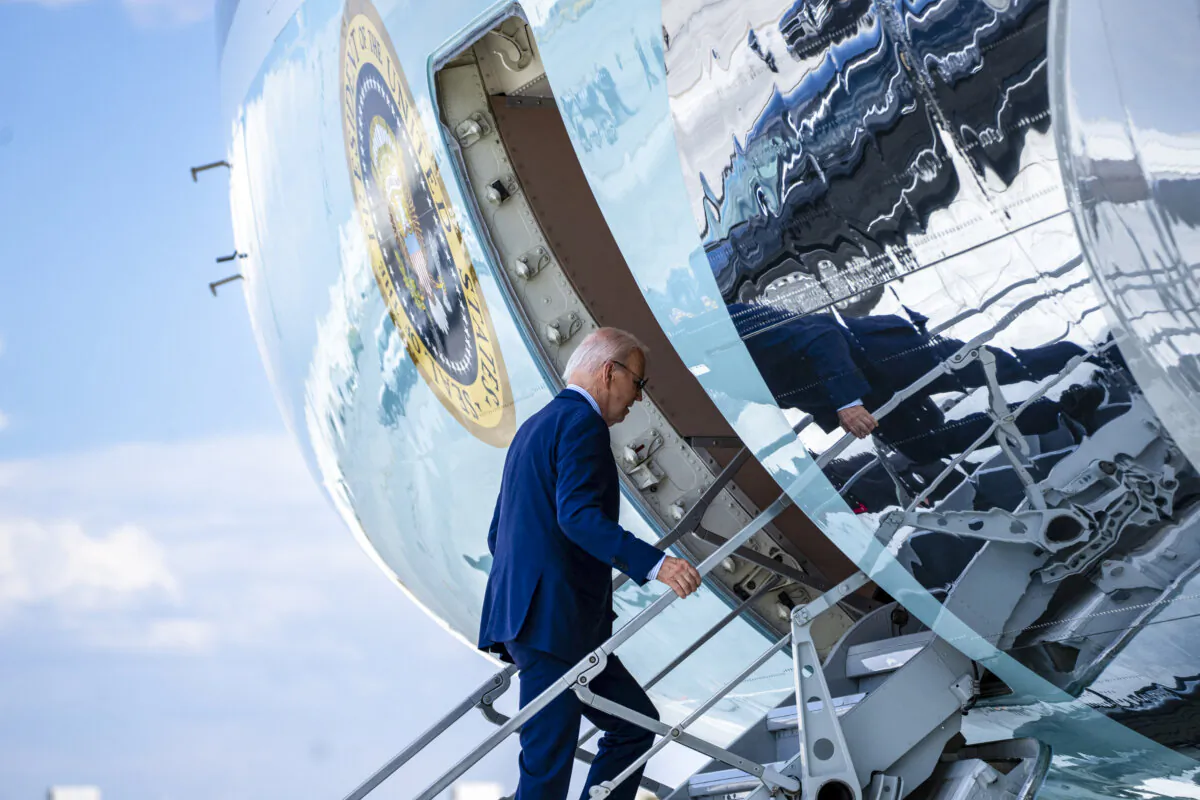 President Joe Biden boards Air Force One as he departs Harry Reid International Airport in Las Vegas, Nev., on July 17, 2024, en route to Delaware. (Kent Nishimura/AFP via Getty Images)