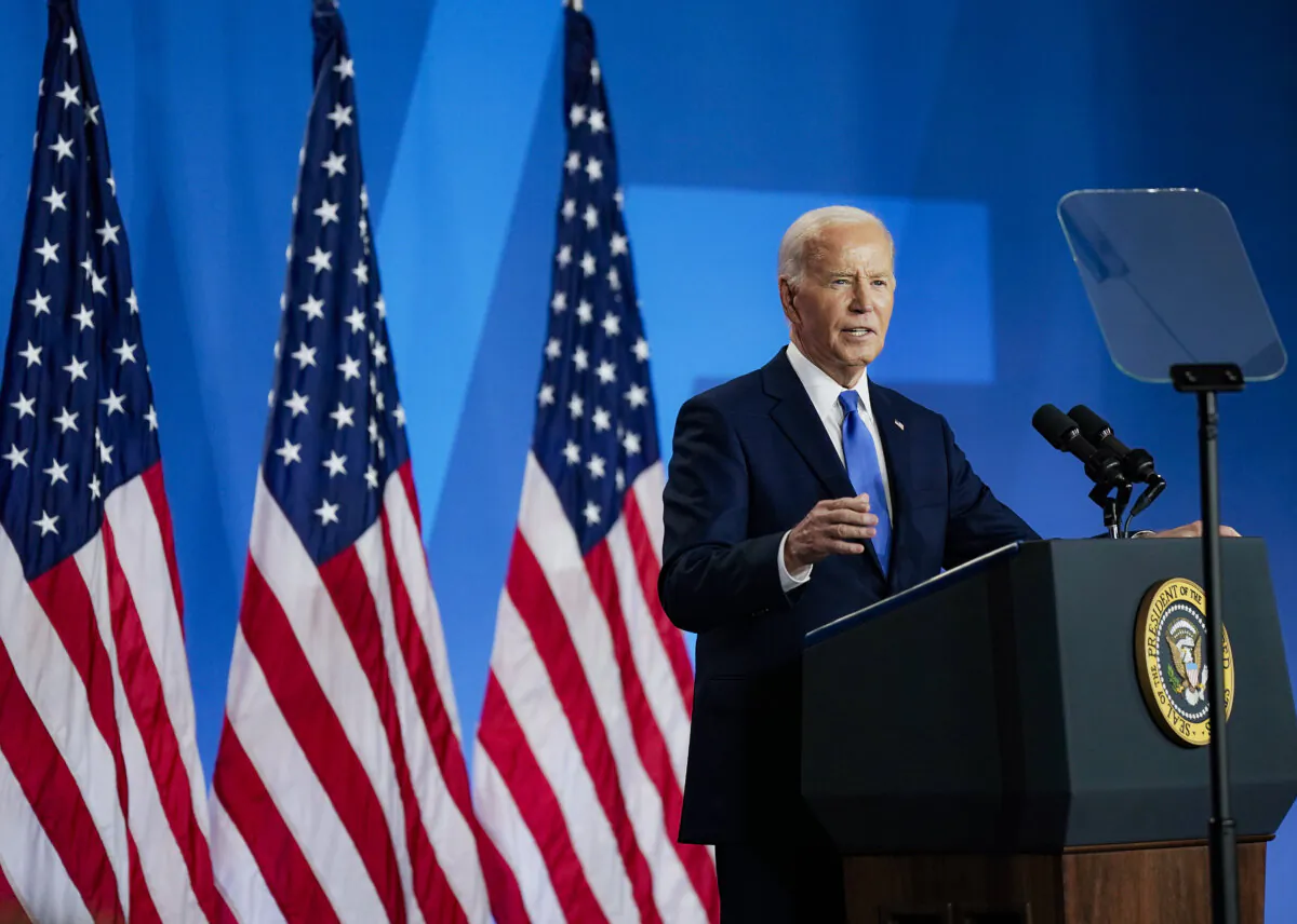 President Joe Biden holds a news conference at the 2024 NATO Summit in Washington on July 11, 2024. (Kent Nishimura/Getty Images)