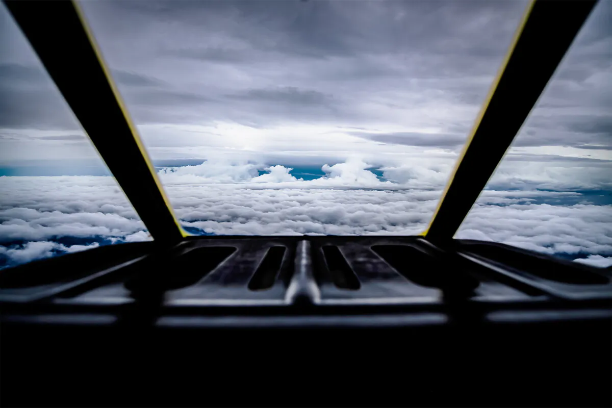 A U.S. HC-C130J aircraft, carrying Hurricane Hunters, approaches the edge of Hurricane Florence after a two-and-a-half-hour flight from Savannah Air National Guard Base, Ga., on Sept. 12, 2018. (U.S. Air Force via Getty Images)