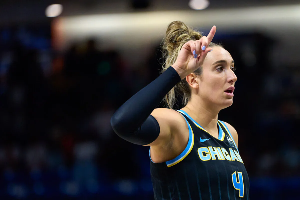 Marina Mabrey No. 4 of the Chicago Sky reacts after a play against the Dallas Wings during the first half at the College Park Center in Arlington, Texas, on May 15, 2024.(Cooper Neill/Getty Images)
