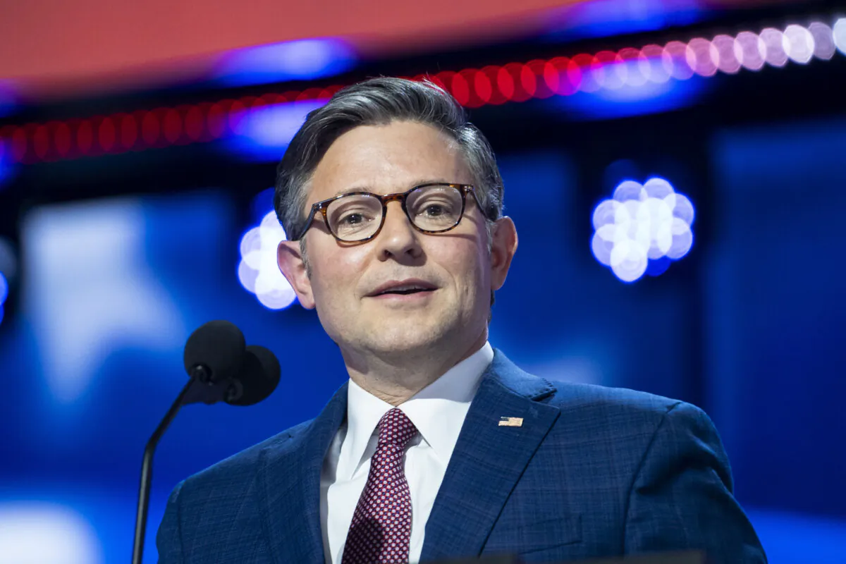 House Speaker Mike Johnson (R-La.) speaks at the Republican National Convention in Milwaukee on July 15, 2024. (Madalina Vasiliu/The Epoch Times)