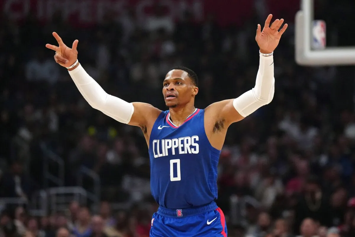 Los Angeles Clippers guard Russell Westbrook reacts during a game against the Oklahoma City Thunder in Los Angeles on Jan 16, 2024. (Kirby Lee/USA TODAY via Field Level Media)