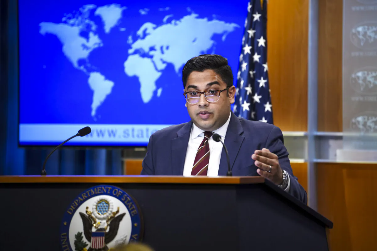State Department Spokesperson Principal Deputy Vedant Patel speaks with reporters during a press briefing at the Department of State in Washington on July 27, 2023. (Madalina Vasiliu/The Epoch Times)