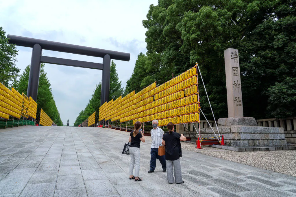 The stone pillar (R) at the Yasukuni Shrine in Tokyo that was vandalized in May by Chinese nationals, on July 10, 2024. (Kazuhiro Nogi/ AFP via Getty Images)