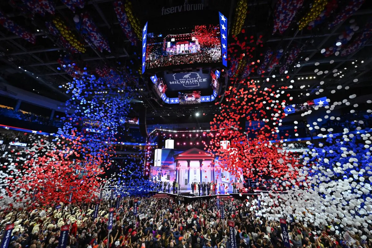 Balloons fall after former President and 2024 Republican presidential candidate Donald Trump accepted his party's nomination on the last day of the 2024 Republican National Convention at the Fiserv Forum in Milwaukee, Wis., on July 18, 2024. (Andrew Caballero-Reynolds/AFP via Getty Images)