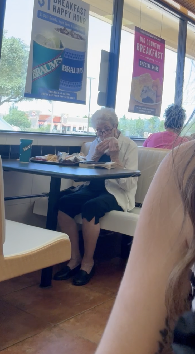 Ms. Pat was eating lunch alone.