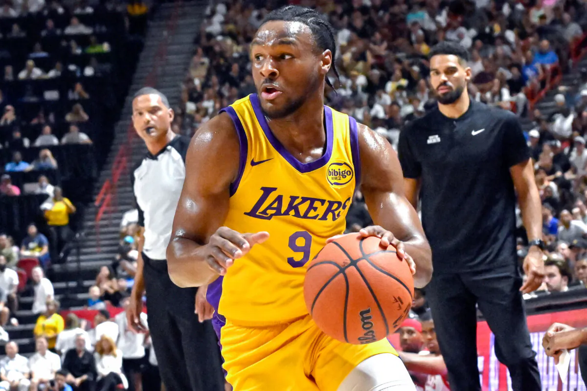 Los Angeles Laker guard Bronny James Jr. drives the ball against the Houston Rockets during the first half of an NBA summer league basketball game in Las Vegas on July 12, 2024. (David Becker/AP Photo)