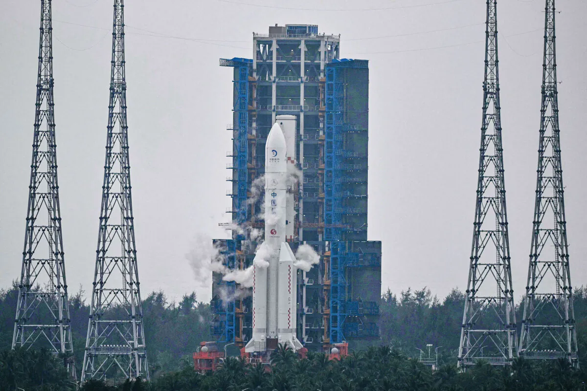 A Long March 5 rocket, carrying the Chang'e-6 mission lunar probe, at the Wenchang Space Launch Center in southern Hainan Province, China, on May 3, 2024. (Hector Retamal/AFP via Getty Images)