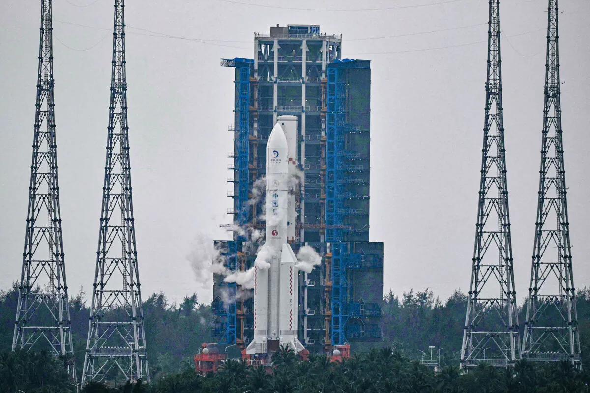 A Long March 5 rocket, carrying the Chang'e-6 mission lunar probe, at the Wenchang Space Launch Centre, Hainan Province, China, on May 3, 2024. (Hector Retamal/AFP via Getty Images)